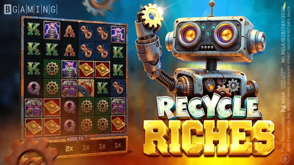 The Recycle Riches slot machine interface showing futuristic scrapyard theme