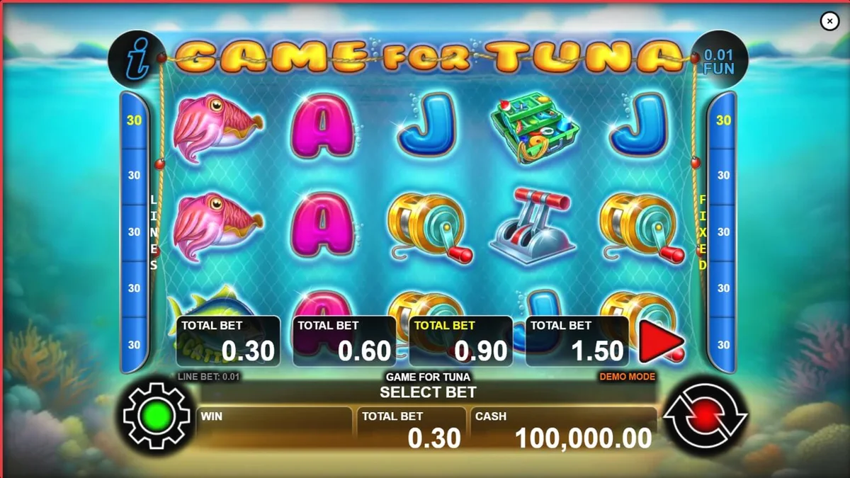 Tampilan visual slot Game for Tuna dengan tema bawah laut dan simbol ikan tuna